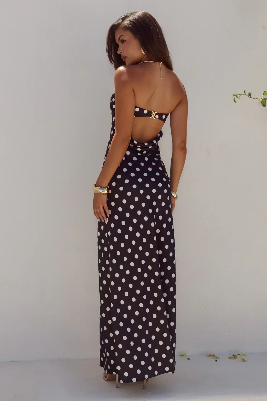 CELESTE STRAPLESS MAXI DRESS - BLACK/WHITE POLKA