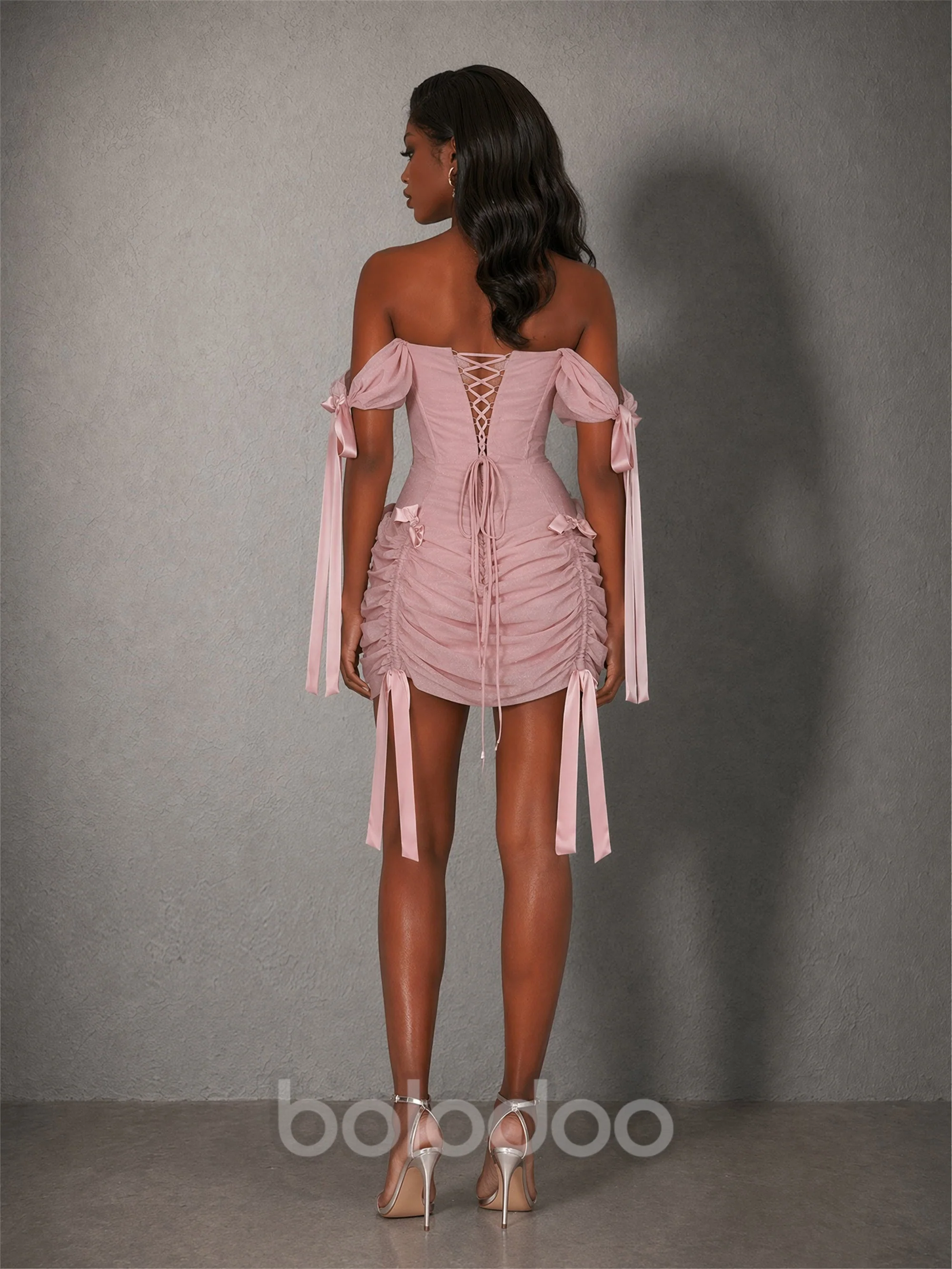 BOLODOO Blush Pink Mesh Corset Off-Shoulder Mini Dress – Puff Sleeve Ribbon Bow Ruched Lace-Up Back