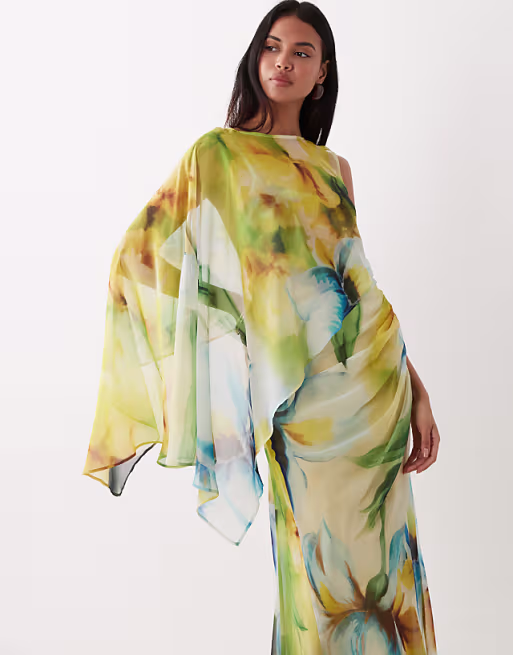 draped batwing asymmetric one sleeve maxi dress in blue floral print