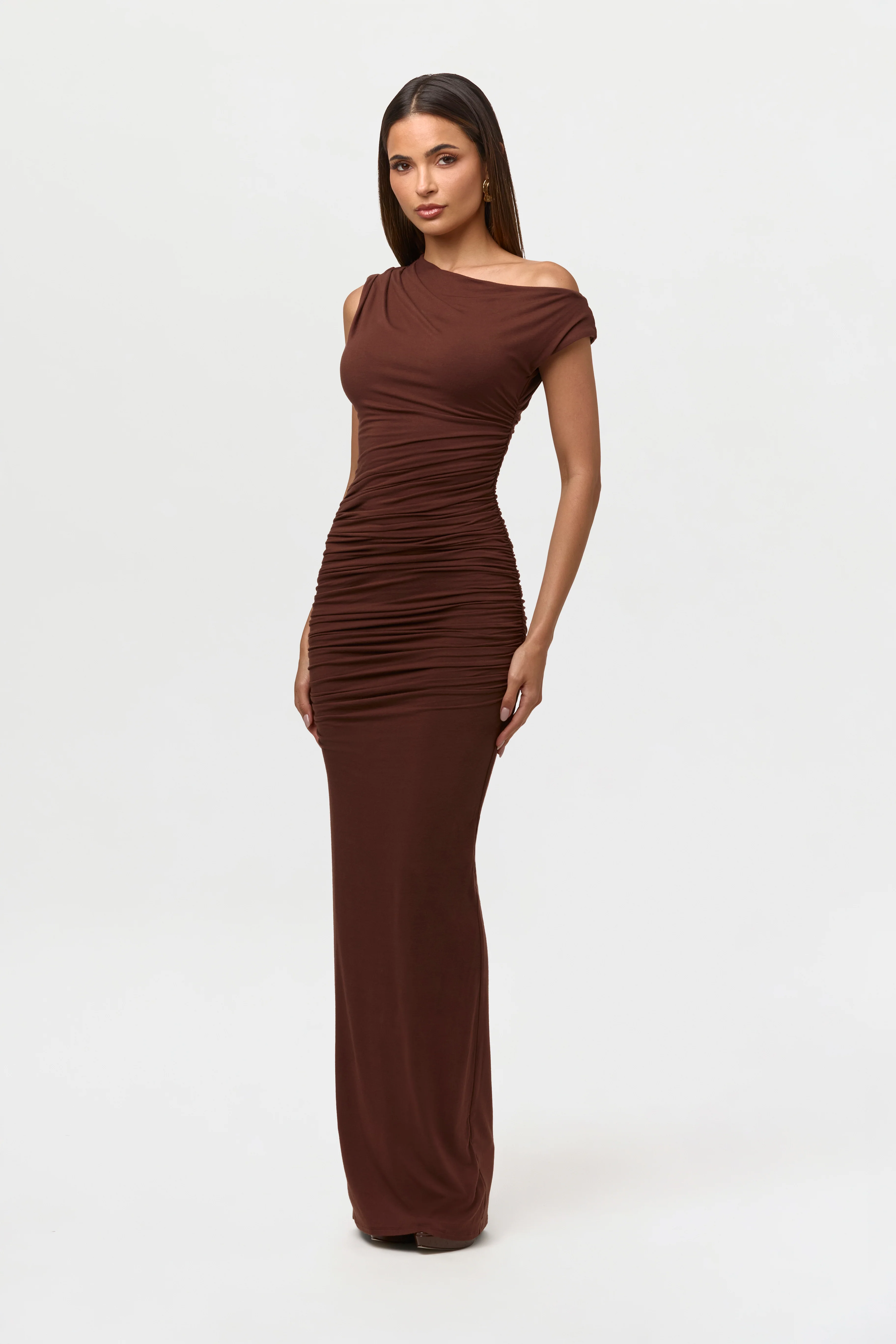 Smooth Off-Shoulder Ruched Maxi Dress