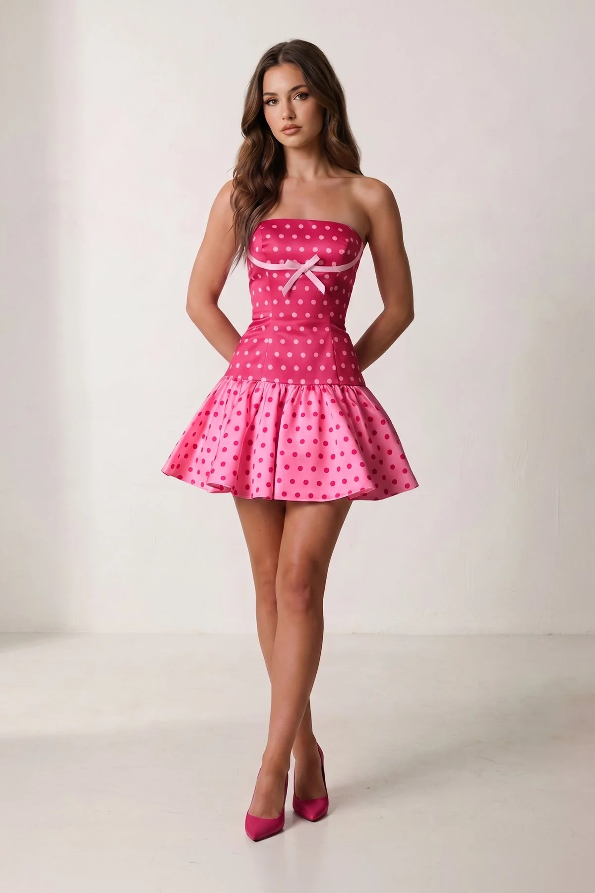 Blue Polka Dots Strapless A-Line Satin Homecoming Dress With Bow