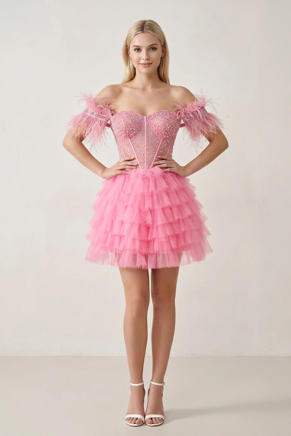 A Line Off the Shoulder Beaded Homecoming Dress with Feathers