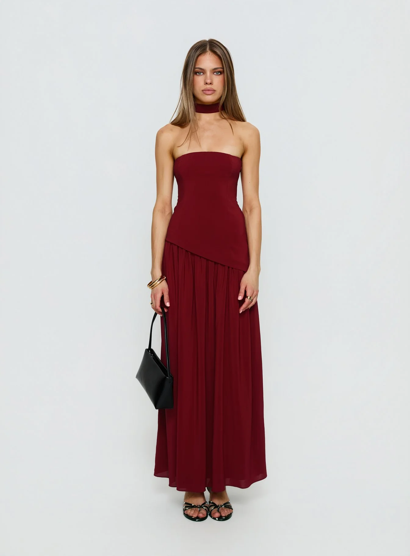 Odela Strapless Scarf Drop Waist Maxi Dress Cherry