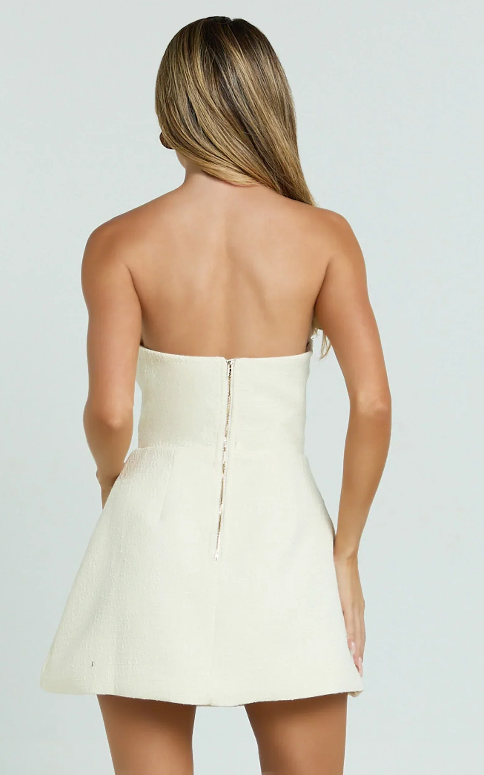 Alodia Mini Dress Boucle Strapless Tulip Skirt Dress in Cream