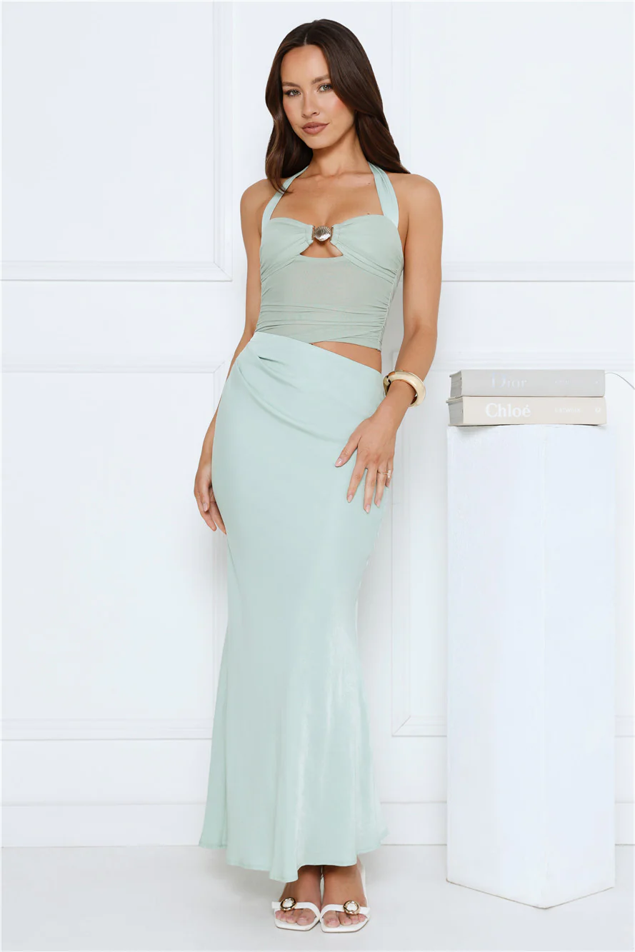 Celeste Shine Mesh Maxi Dress Sage