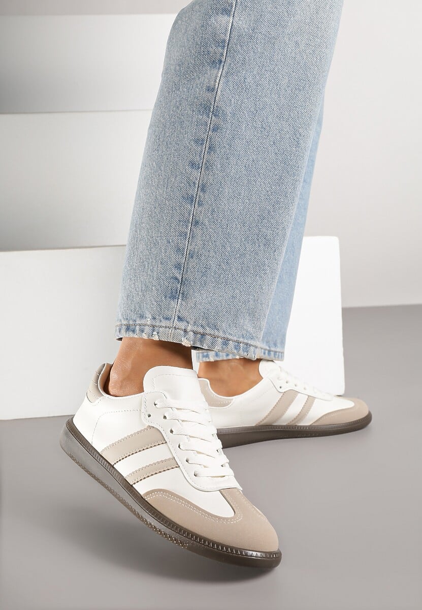 Beżowo-Białe Casualowe Sneakersy na Płaskiej Podeszwie z Paskami Jereria