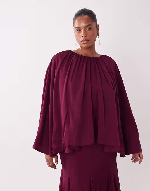 Curve full volume cape maxi dress with godets in berry