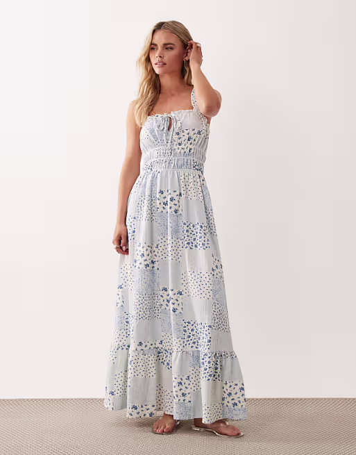 Miss Selfridge Petite seersucker shirred detail maxi dress in scarf print