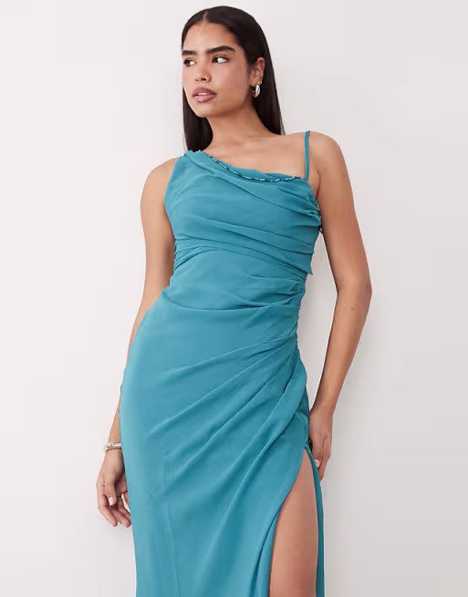 draped bodice maxi dress with beaded strap detailing and open back in teal