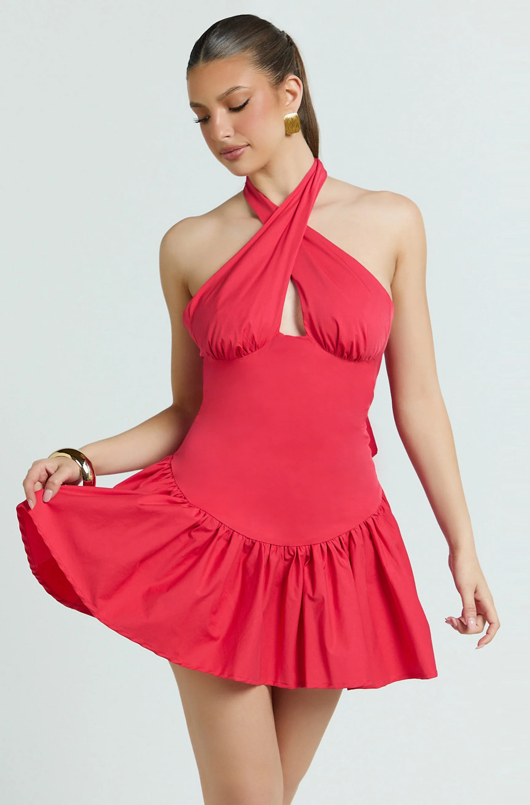Belle Mini Dress - Keyhole Halter Top Dress in Red