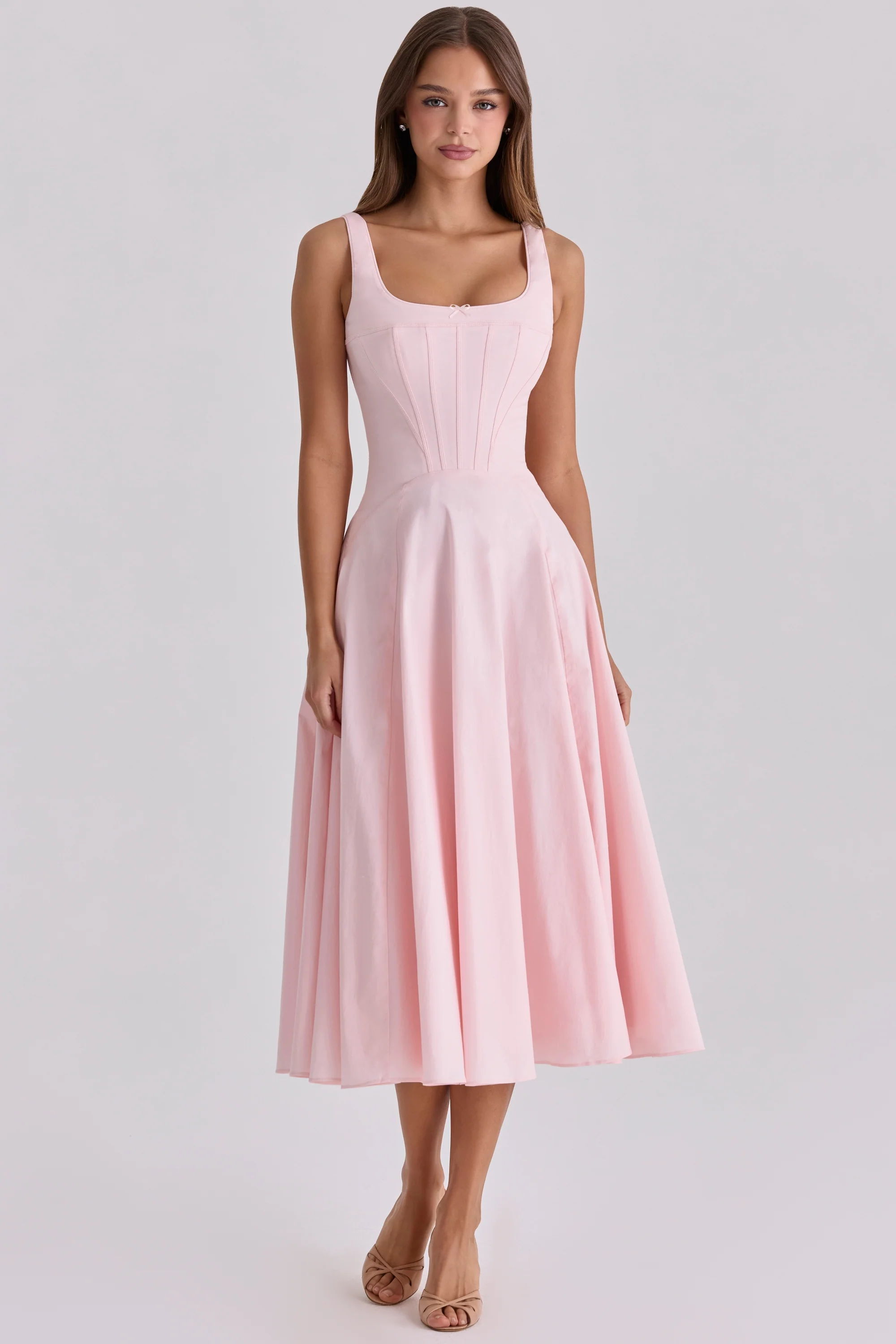 Pink Cotton Lace Up Midi Sundress