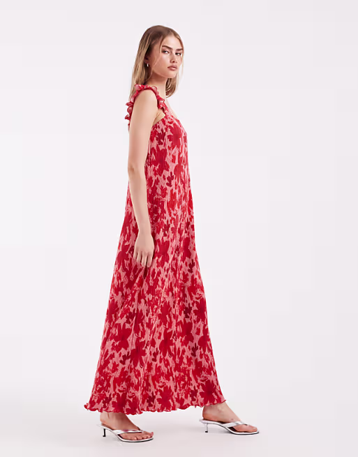 PIECES plisse maxi dress with frill sleeves in pink and red floral print