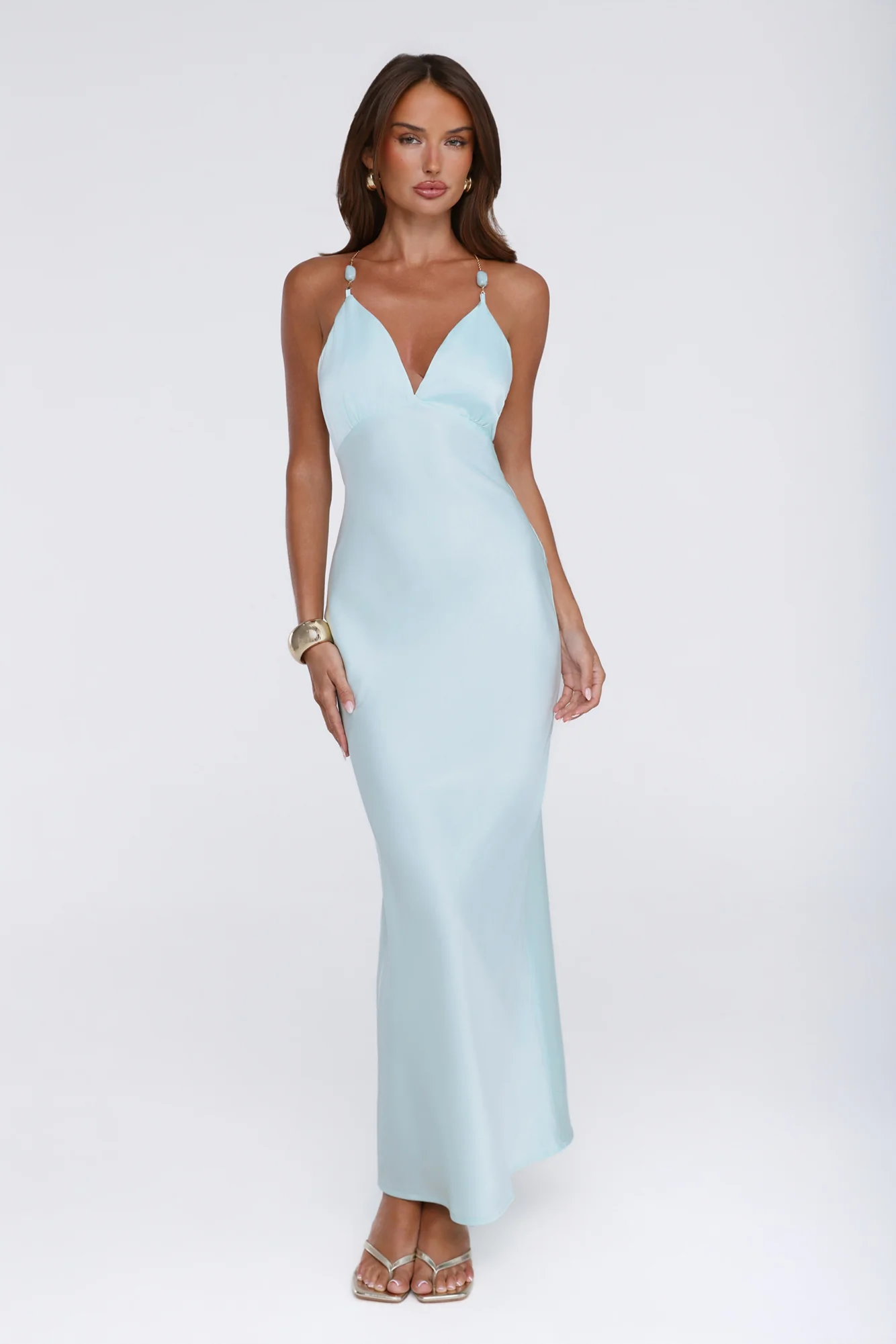 Pearl Indulgence Satin Maxi Dress Aqua