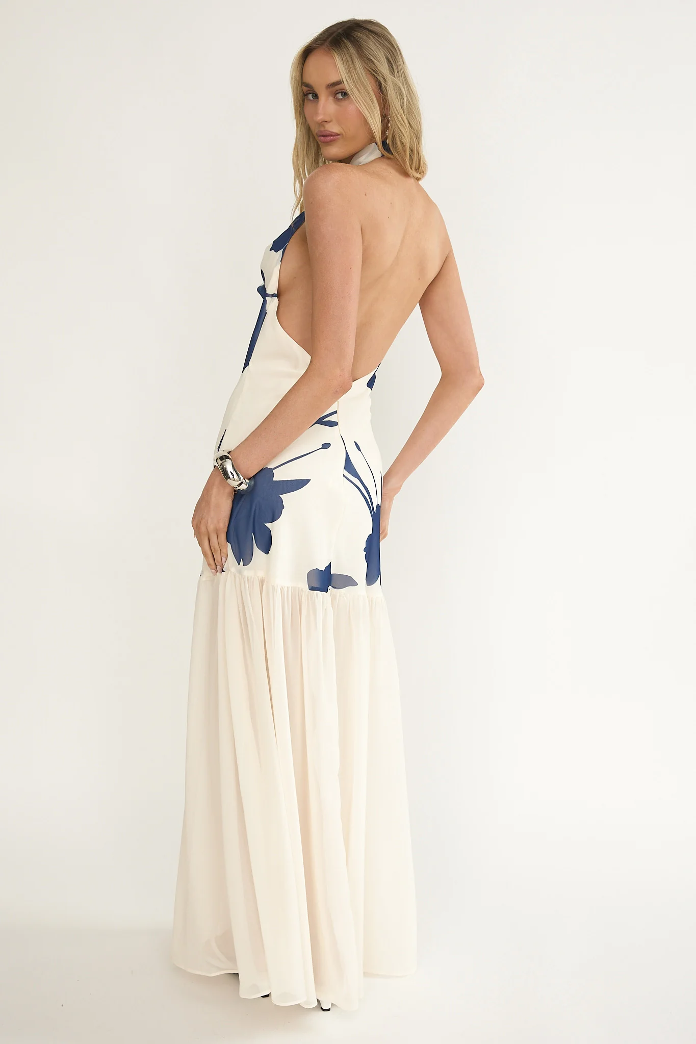 Omaria Cowl Halter Maxi Dress Floral Beige - luluinthesky