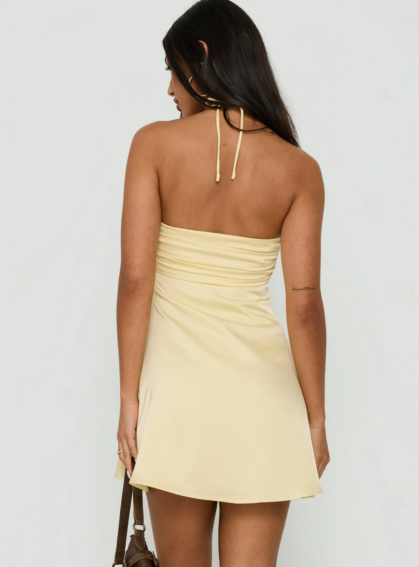 Analise Rosette Satin Halter Mini Dress Yellow - FASHION NOB