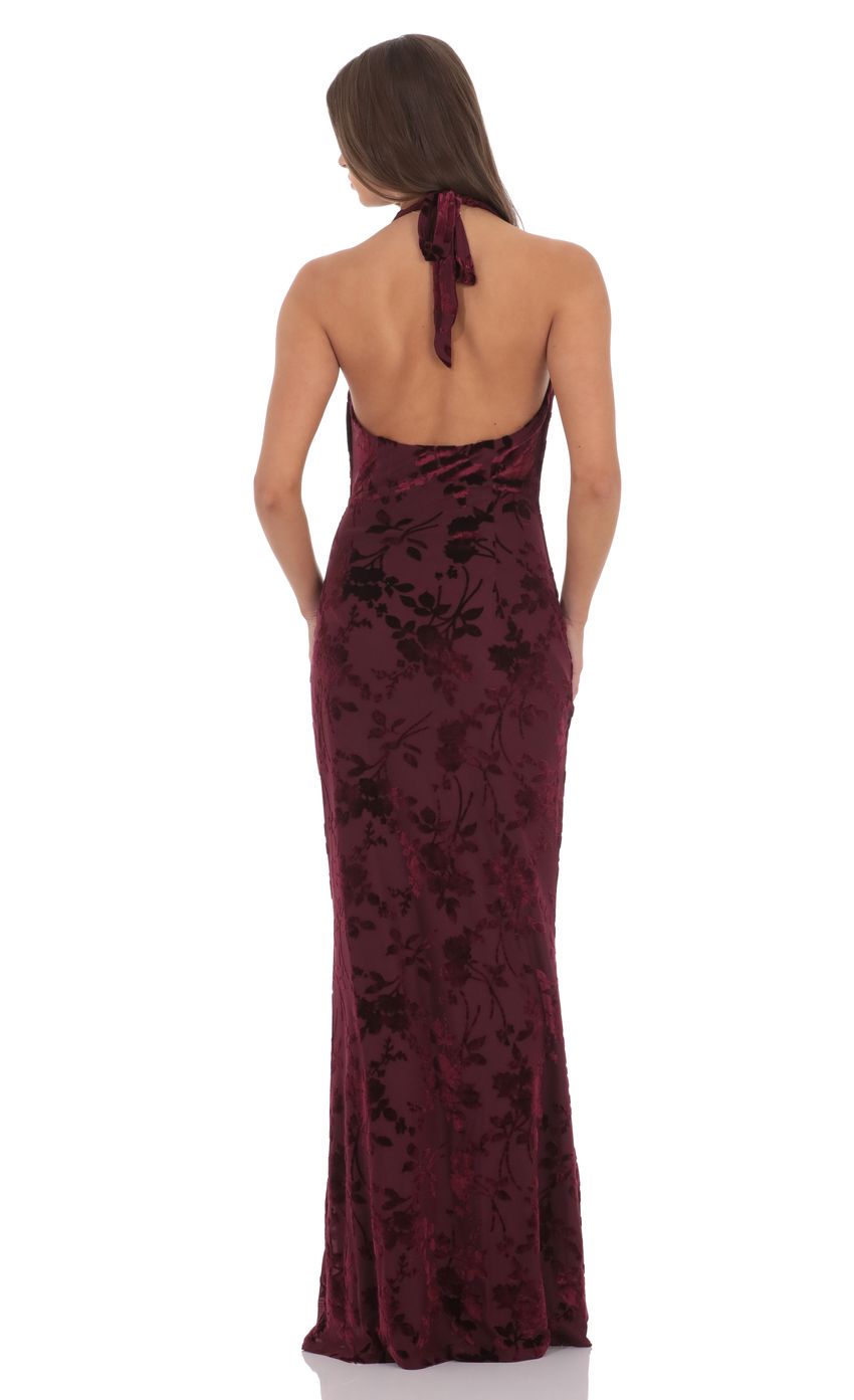 Velvet Floral Halter Cowl Neck Maxi Dress in Plum - luluinthesky