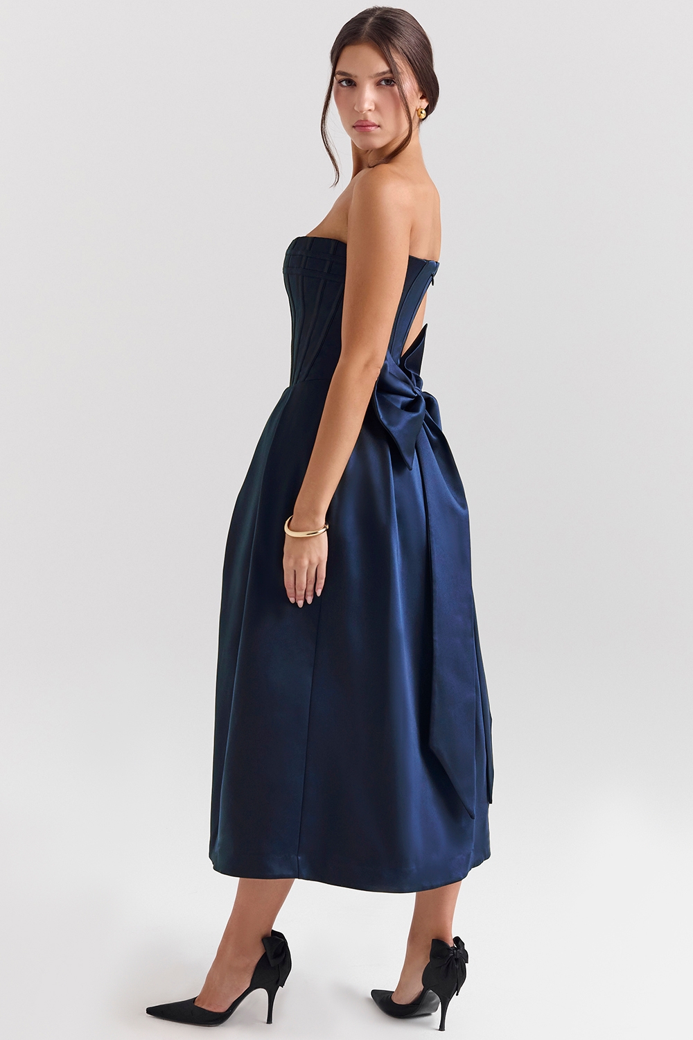 midnight blue strapless detachable bow midi dress