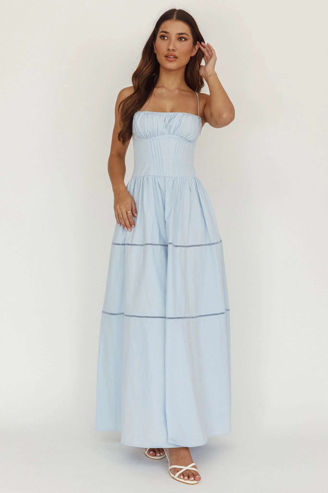 Heavenly Glow Gathered Bust A-Line Maxi Dress Blue
