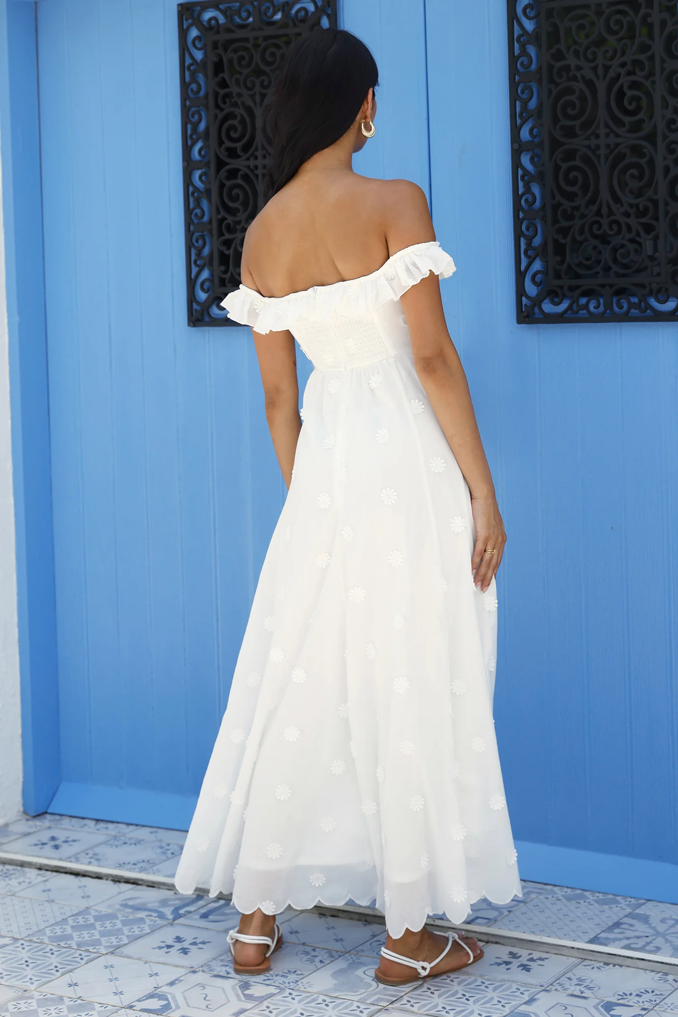 Sunset Waves Off Shoulder Maxi Dress Off White