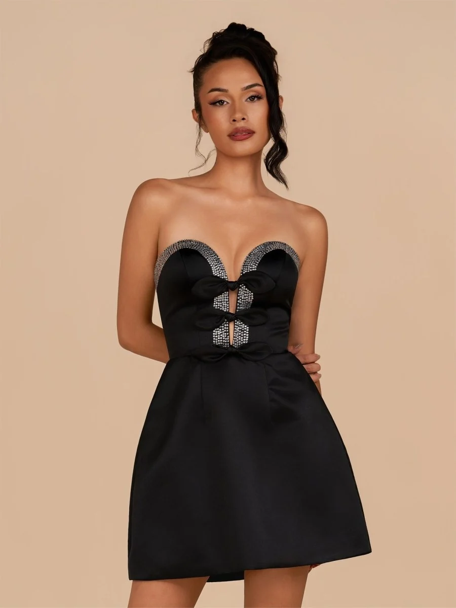 Black Strapless A-Line Beaded Satin Homecoming Dress With Bow
