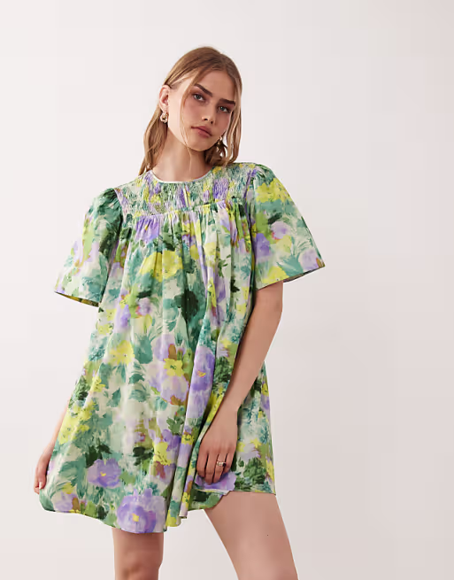 crew neck shirred smock mini dress in green floral print