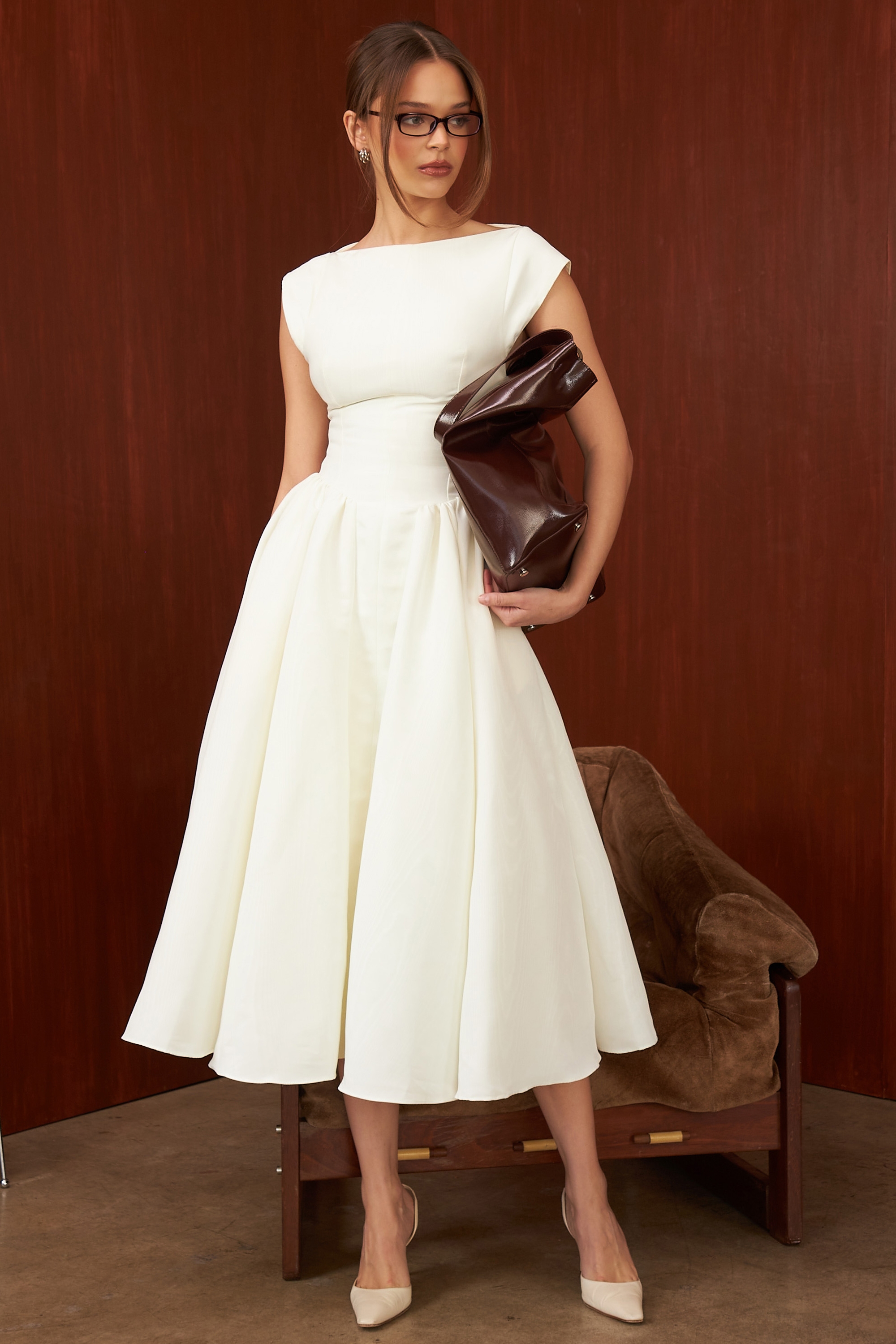 Ivory Moire Satin Midi Dress