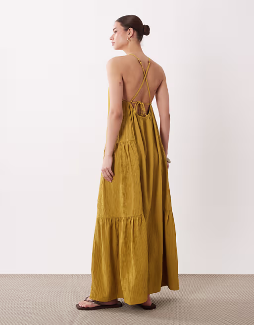 textured halter trapeze maxi dress in ocre