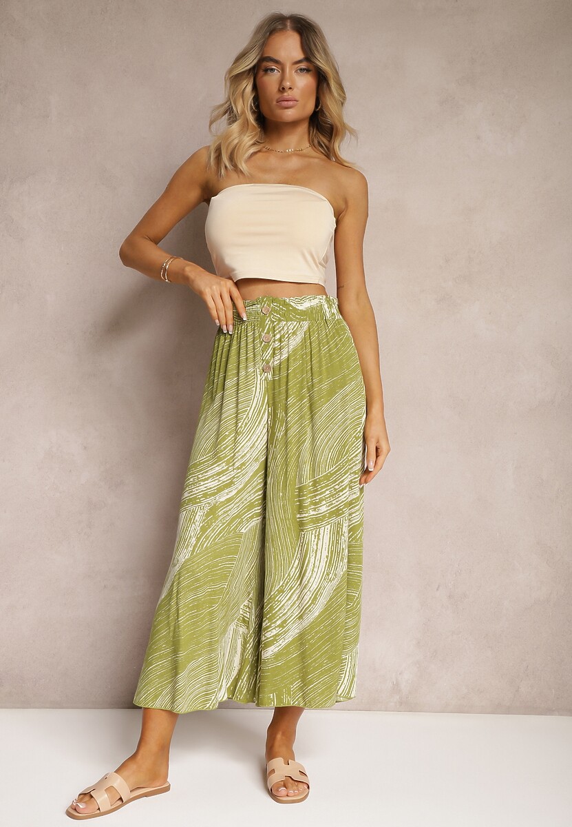 Niebieskie Szerokie Spodnie 7/8 High Waist z Wiskozy Wykończone Gumką w Pasie Risallni