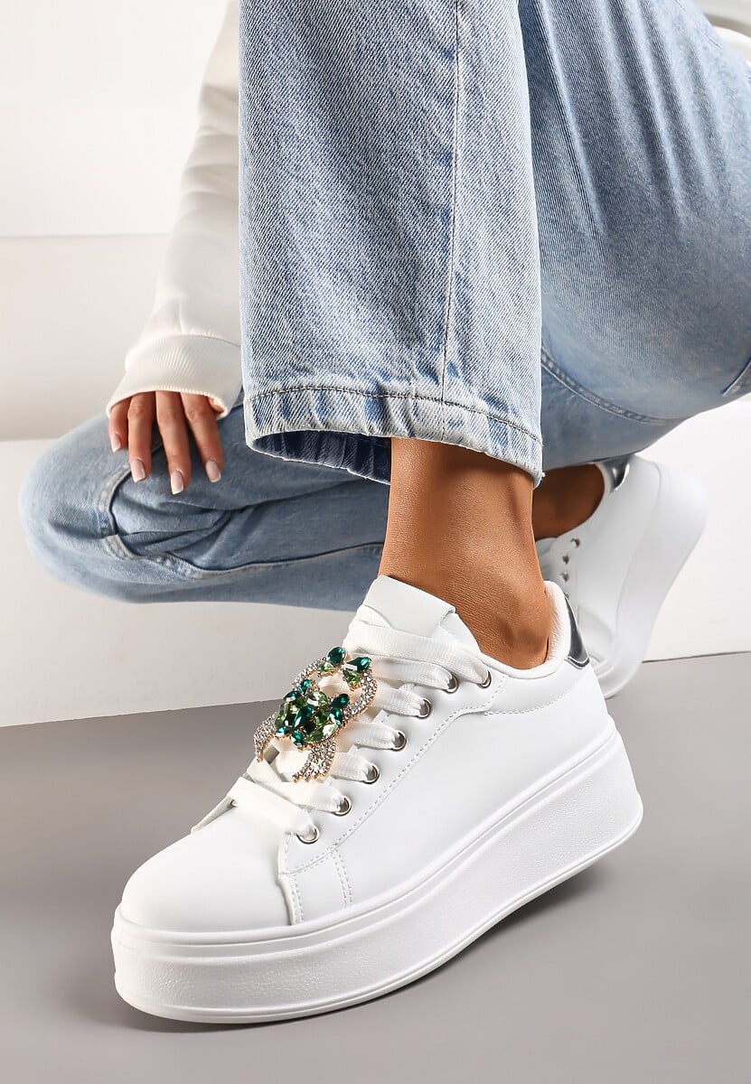Biało-Czarne Sneakersy z Platformą i Odpinanymi Biżuteryjnymi Aplikacjami na Sznurówkach Tamaki