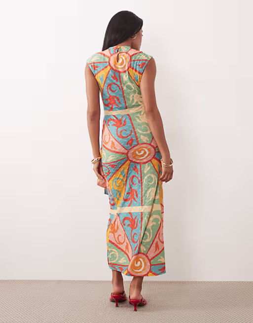 Never Fully Dressed Lucy textured short sleeve tie front midi dress in kaleidoscope print