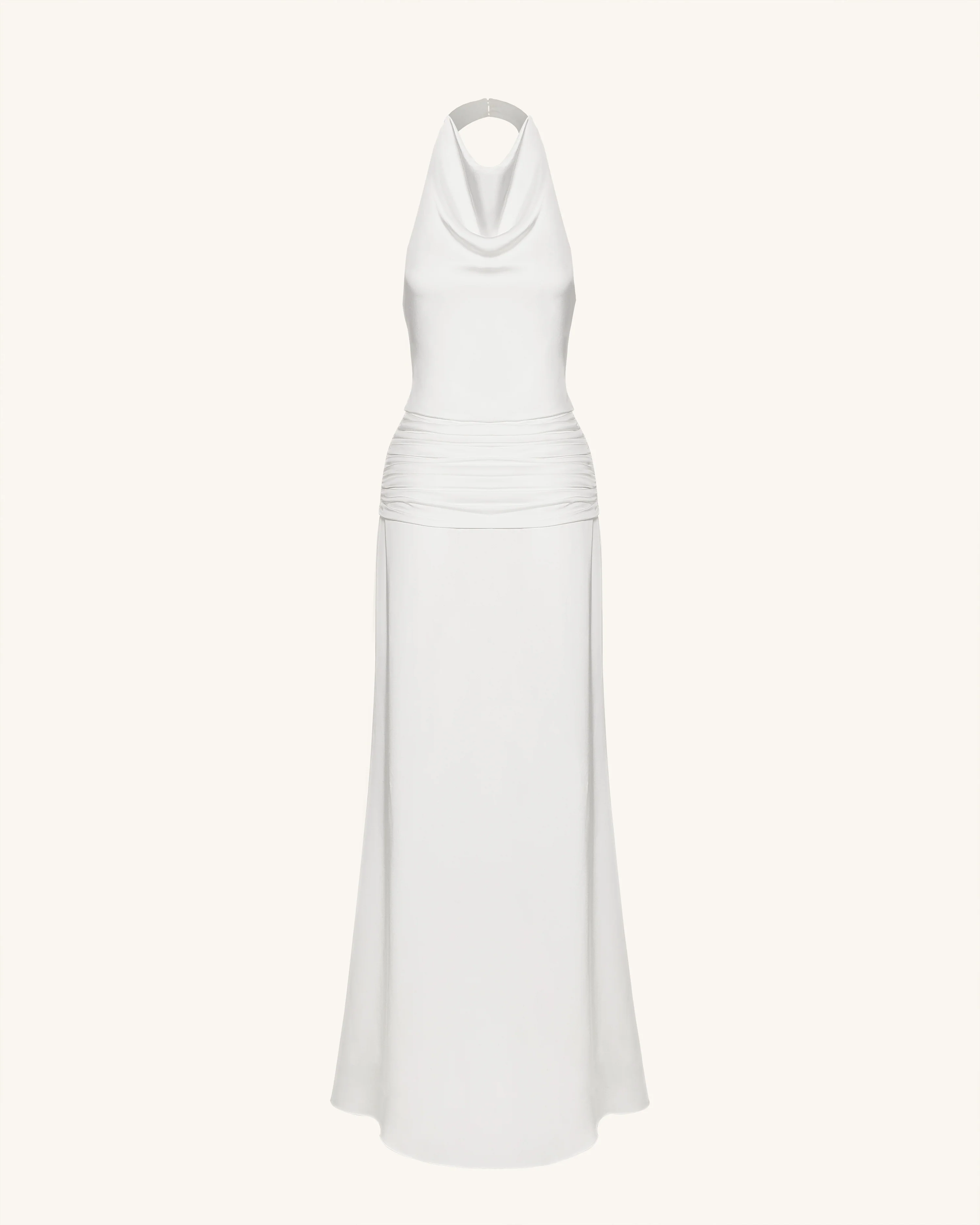 Satin Cowl Neck Ruched Maxi Gown - White - FASHION NOB