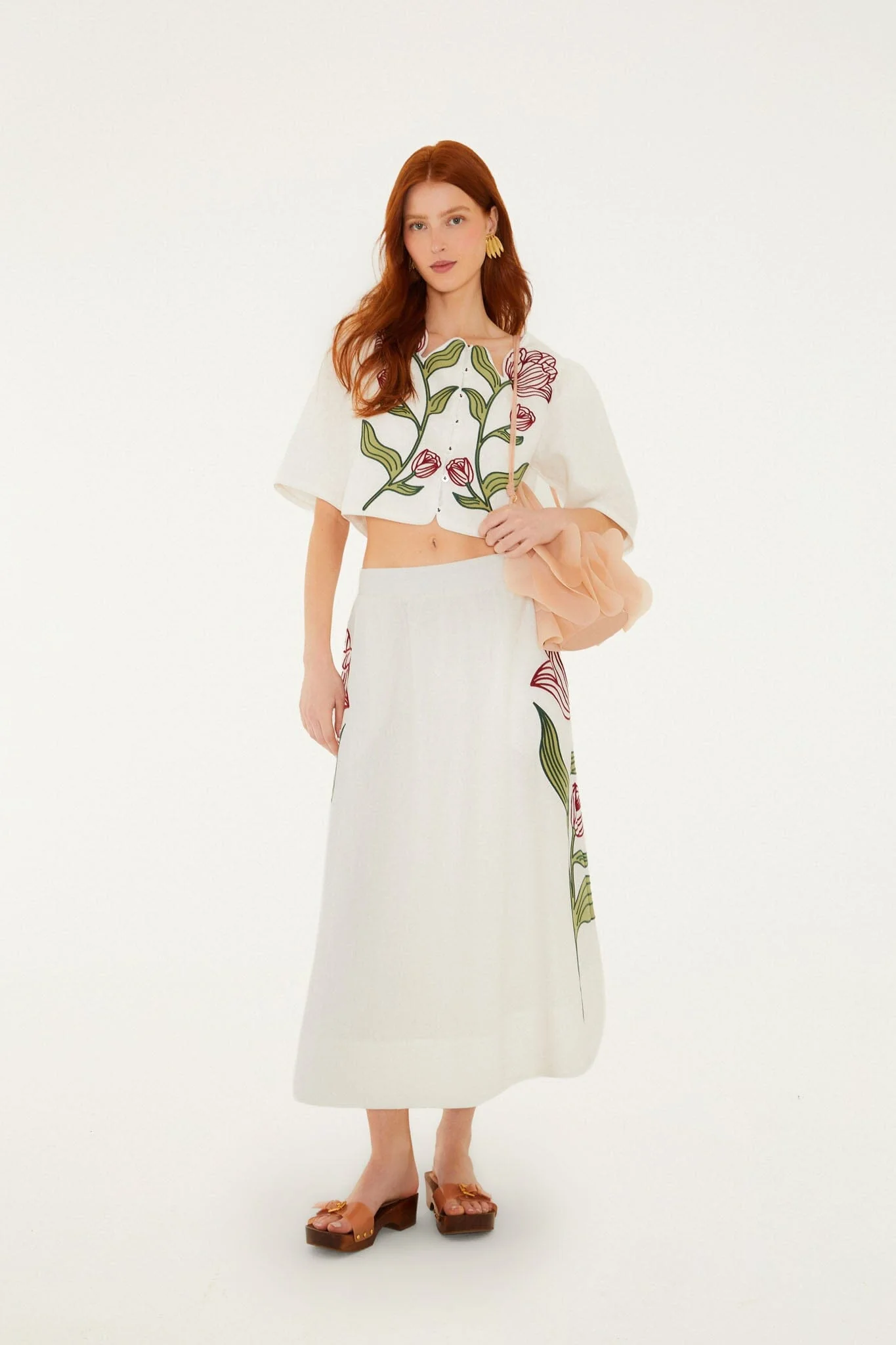 FARM Rio Off-White Flower Embroidered  Midi Skirt