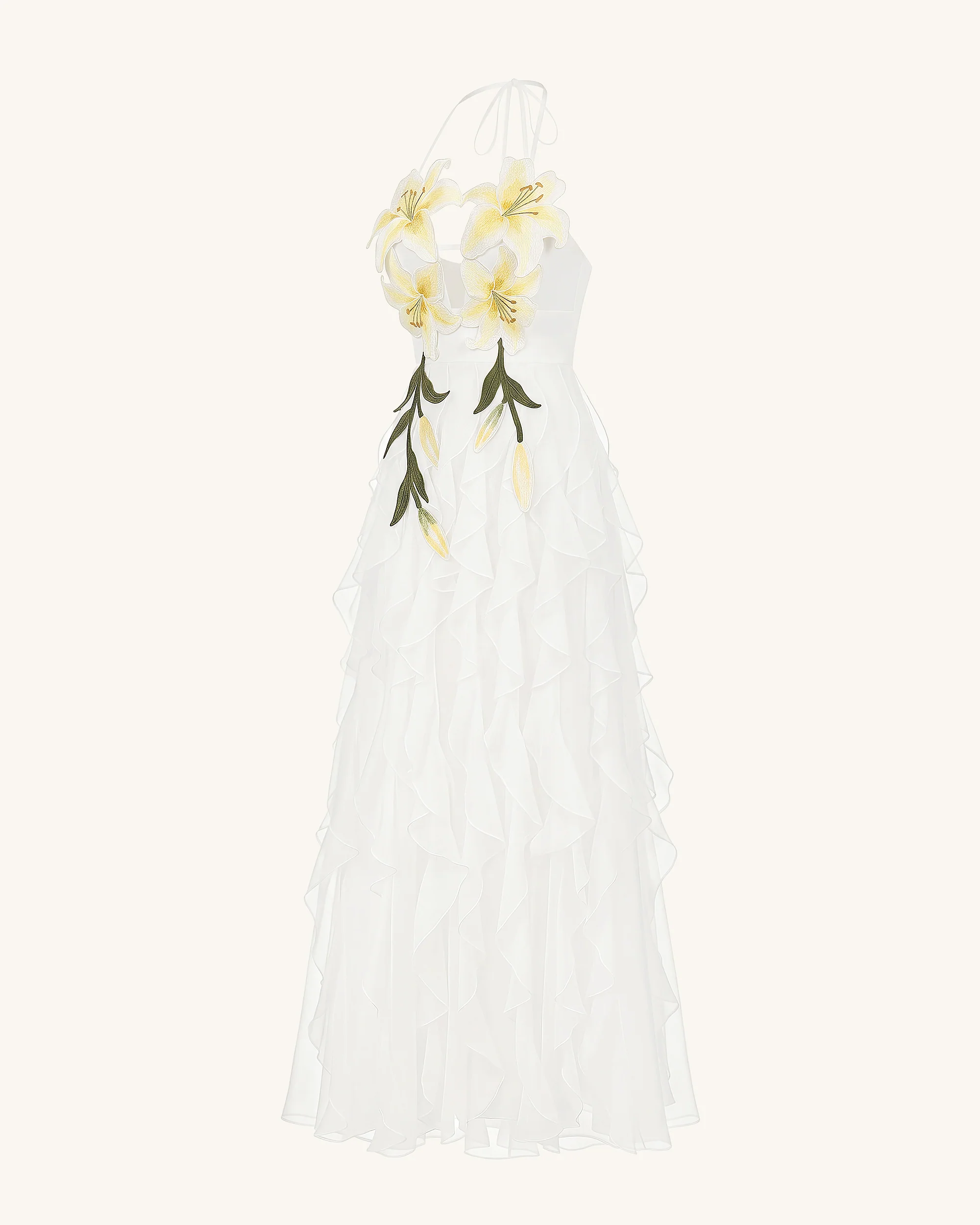 Lily-Embroidered Embroidered Halter Tiered Maxi Dress - White - FASHION NOB
