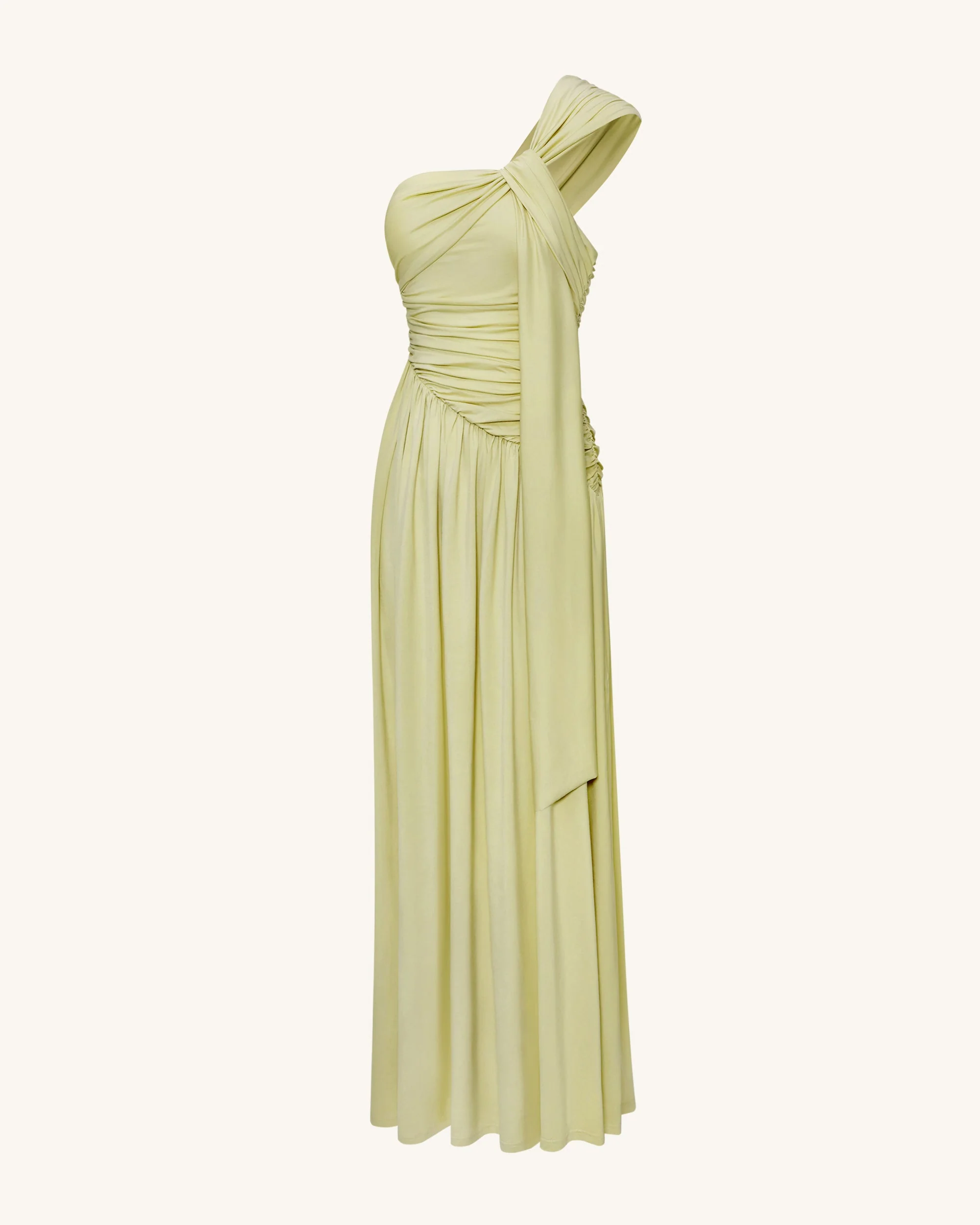 Ruched One-Shoulder Maxi Dress with Trailing Sash - Green - FASHION NOB