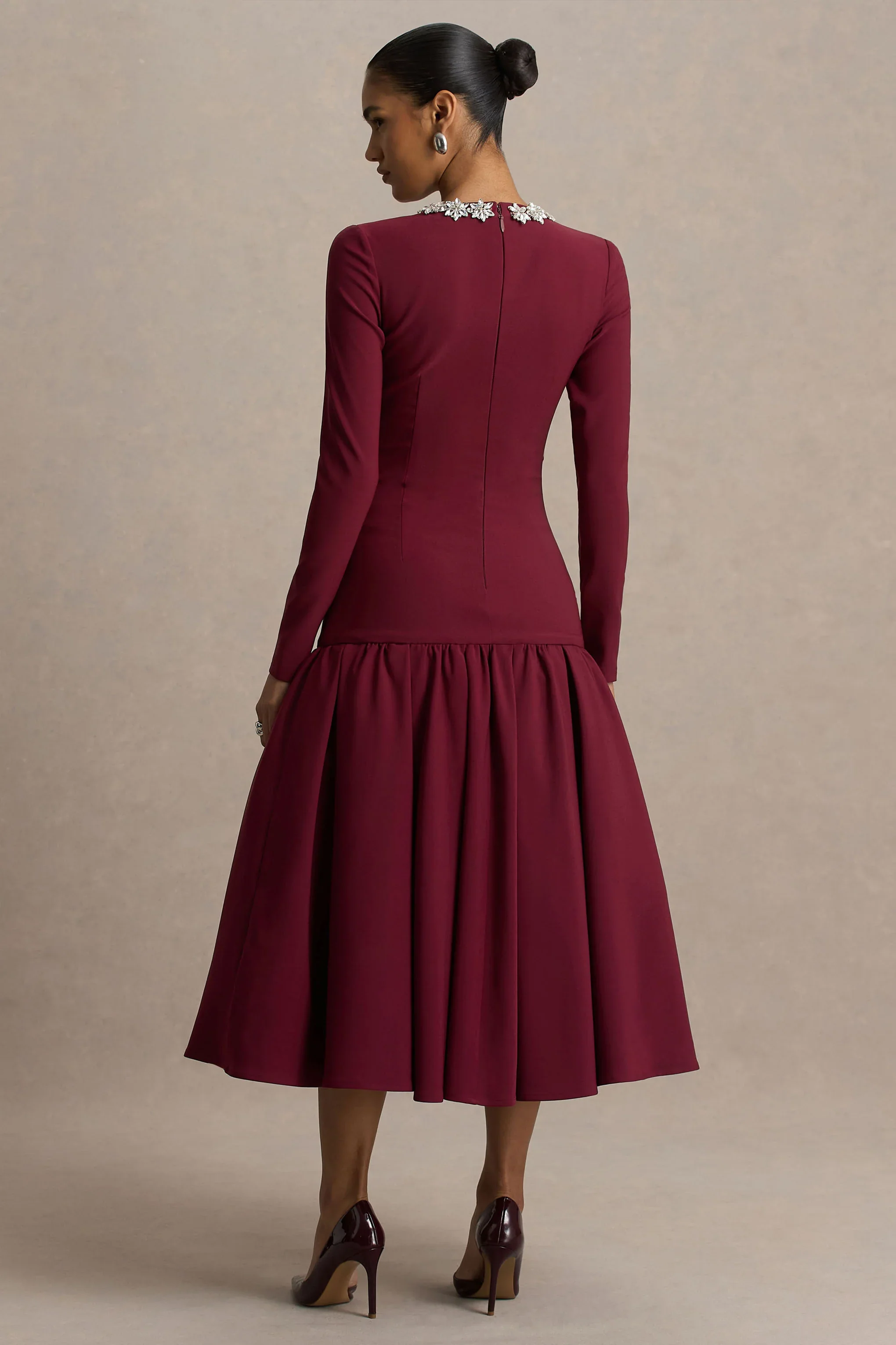 Jovana | Burgundy Hand-Embellished Crew-Neck Midi Dress With Drop Waist
