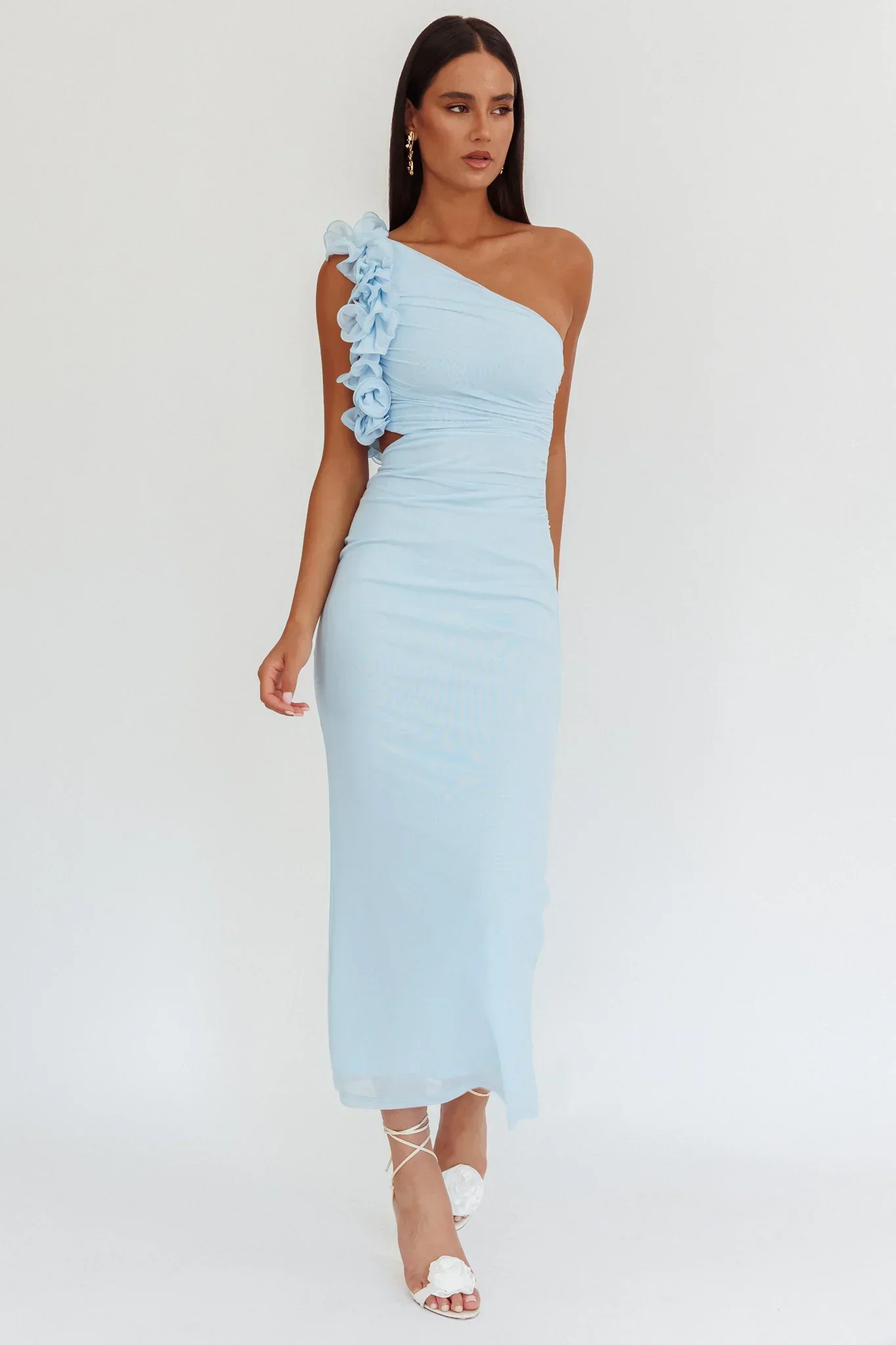 Deanna One-Shoulder Ruffle Maxi Dress Light Blue