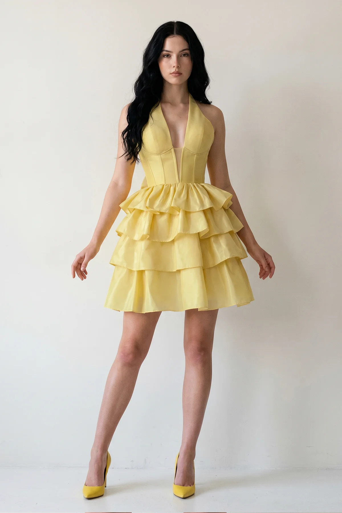 Yellow - Halter A Line Ruffles Satin Homecoming Dress With Bow