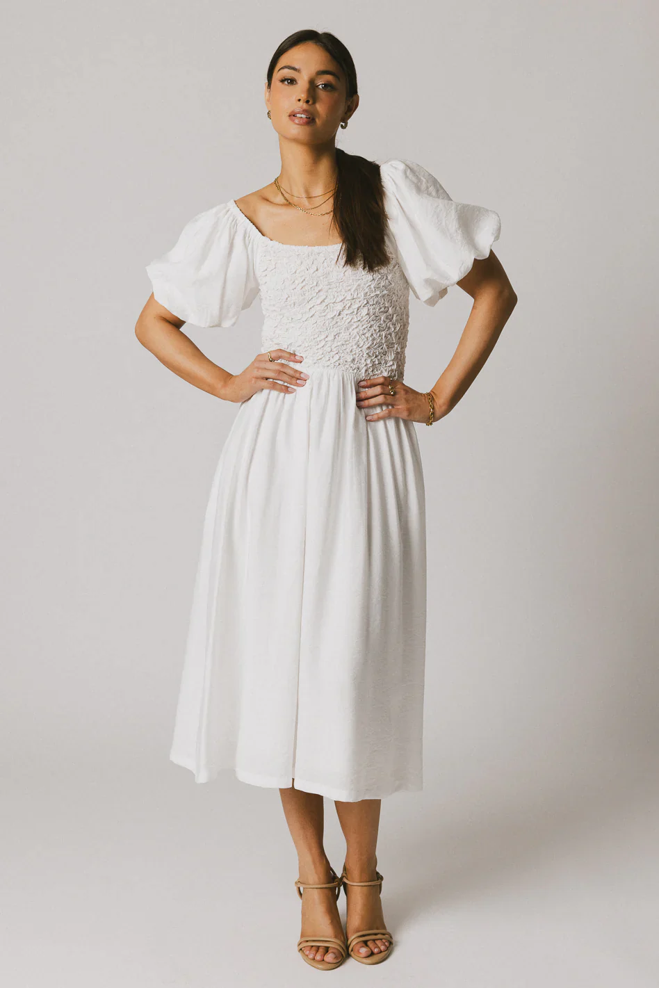 Janie Smocked Midi Dress in White