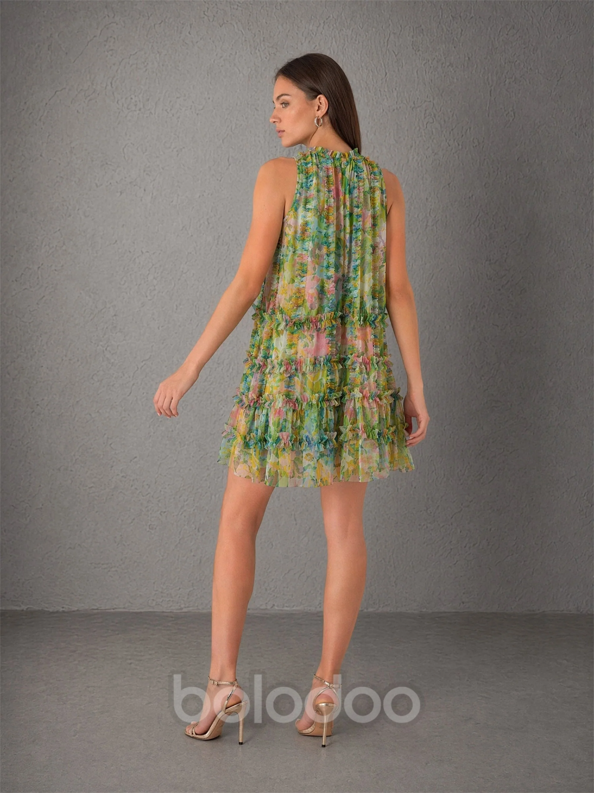 BOLODOO Green Floral Chiffon Ruffle Mini Dress – Sleeveless Mock Neck Tiered A-Line Cocktail Dress