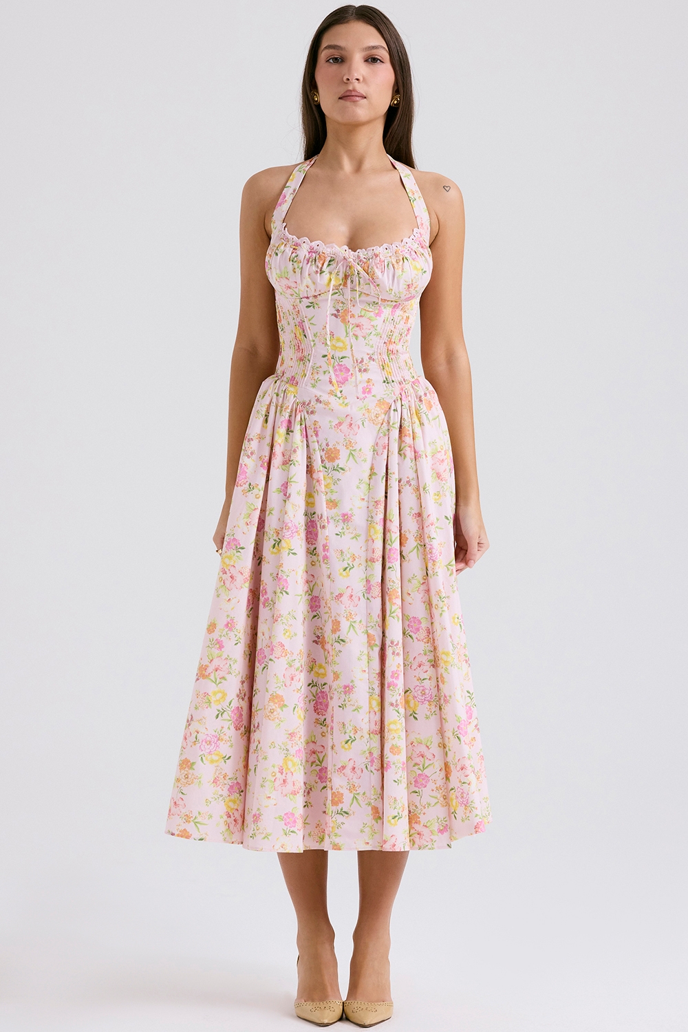 Pink Meadow Print Cotton Halter Midi Sundress