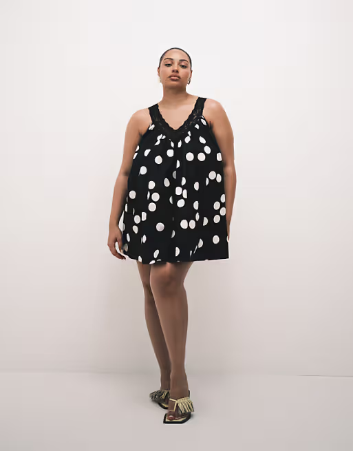 Curve poplin v-neck mini smock sundress with lace overlay in black and white polka dots
