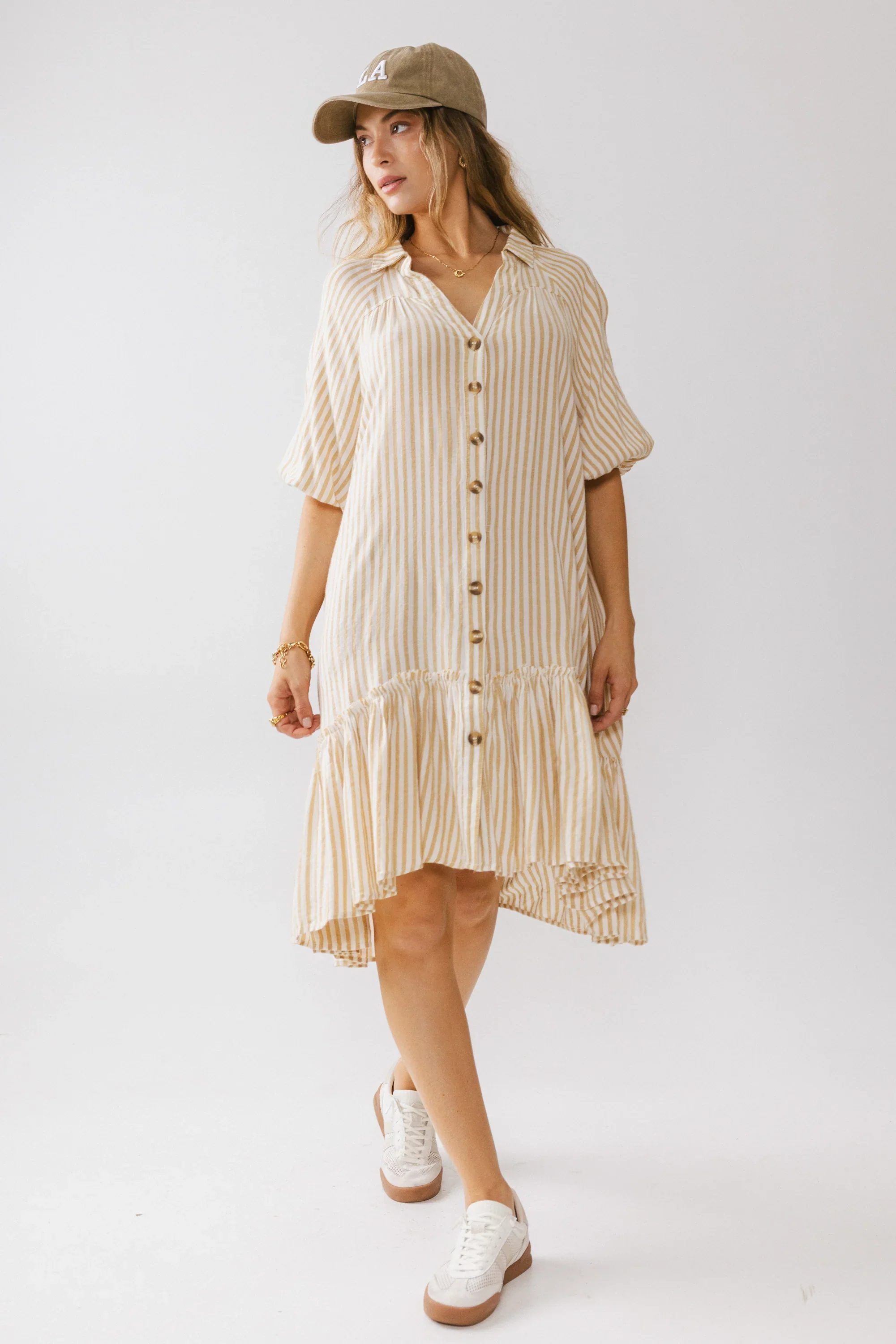 Theo Striped Midi Dress in Mustard
