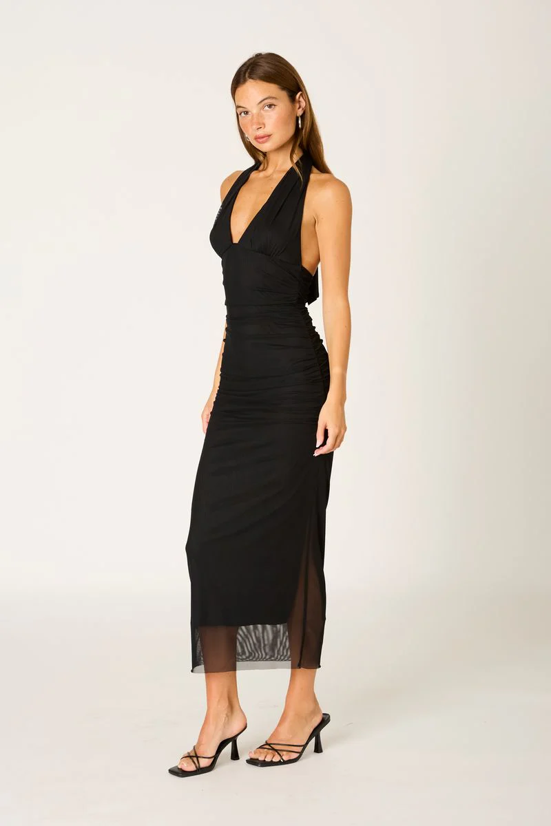 Ruched Mesh Midi Dress