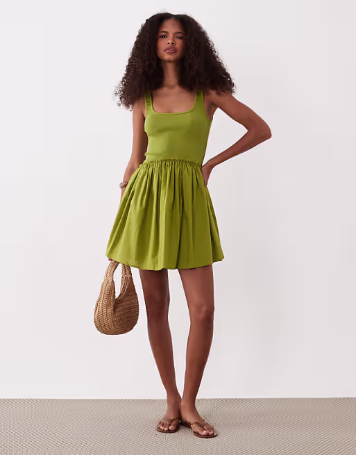 scoop ribbed bodice with poplin skirt mini dress in olive