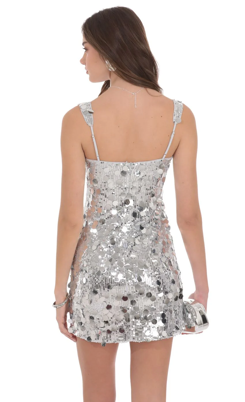 Circle Sequin Square Neck Dress in Silver