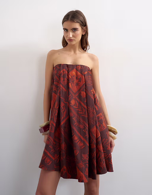 Topshop linen rich full trapeze bandeau mini dress in rust boutique scarf print
