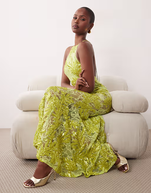 embellished lace high neck maxi dress with full godet hem in lime