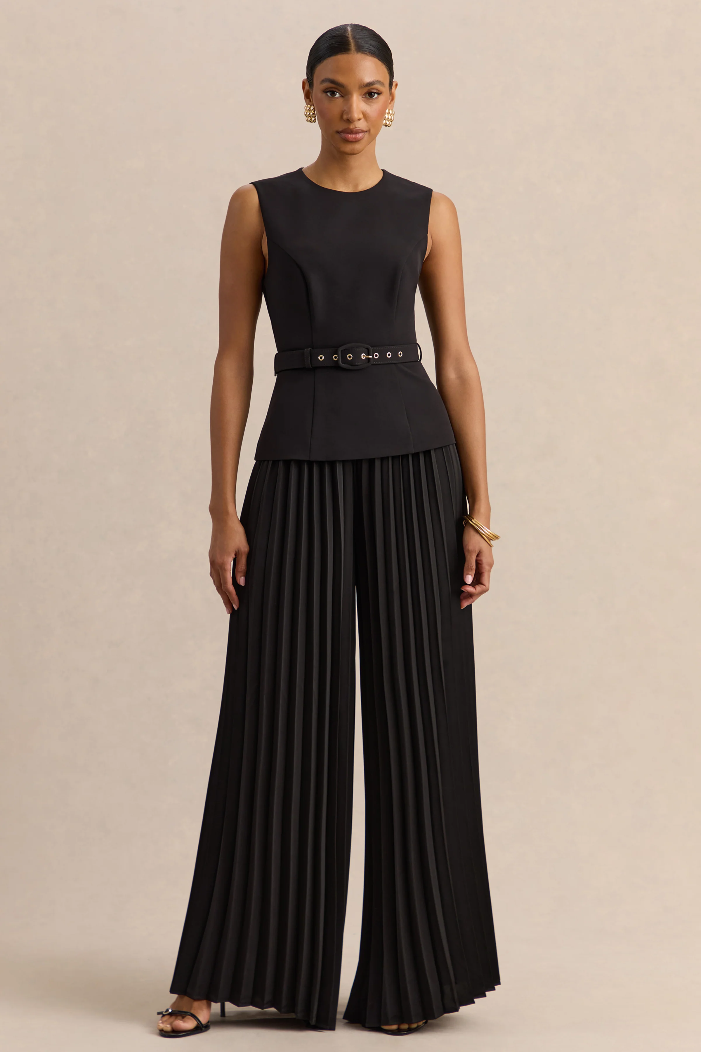 Karienne | Black Round-Neck Top With Belted-Detail