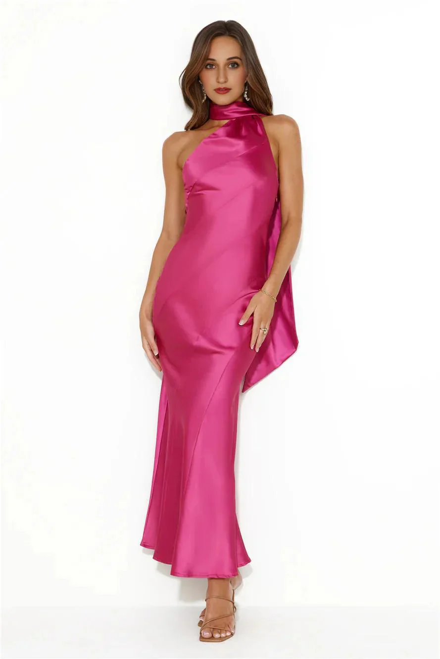Glistening Star Satin Maxi Dress Hot Pink