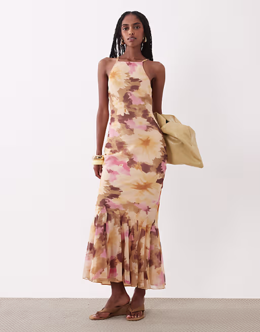 chiffon sleeveless maxi dress with godet hem in pink and orange floral print